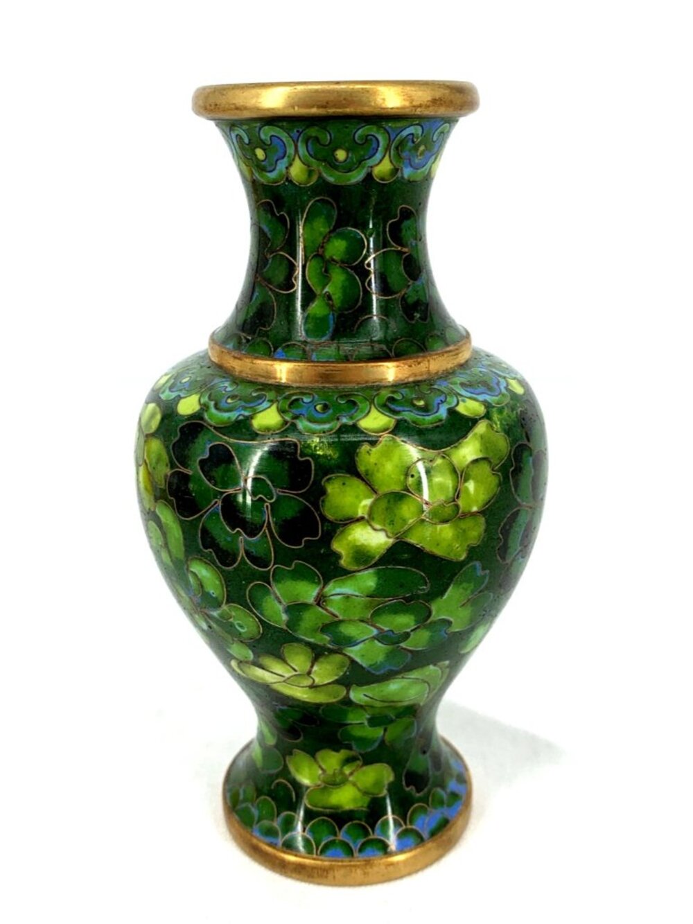 Cloisonne Vase Green Floral 5" Enamel over Brass Vintage - Picture 2 of 6